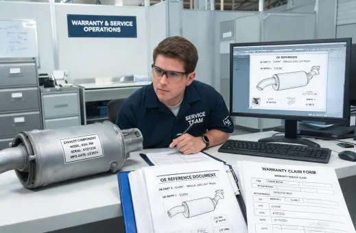 Warranty service team comparing returned exhaust component details