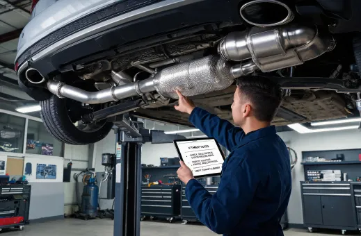 Specialist garage checking a muffler and catalytic converter under a vehicle