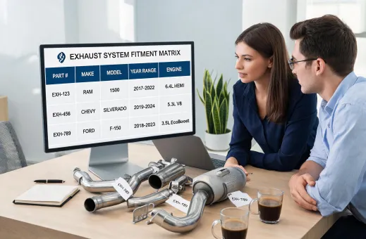 E-commerce catalog team organizing exhaust product data